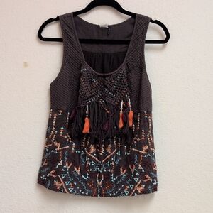 Tribal Pattern Sleeveless Top - Black and Orange